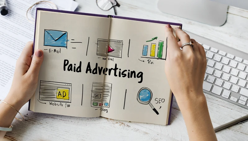 Notebook showing paid advertising strategy with email marketing, ROI, SEO, and blog promotion